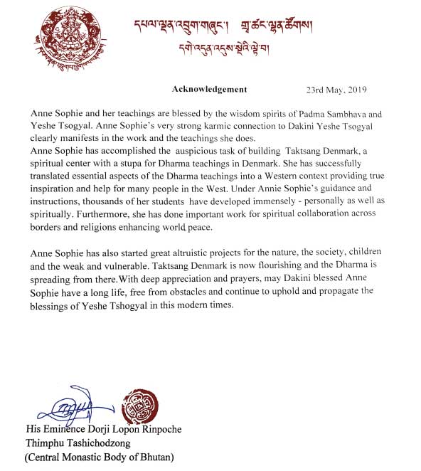 Anne Sophie og undervisningen pÃ¥ Tigerens Rede er anerkendt af munkevÃ¦senet i Bhutan.